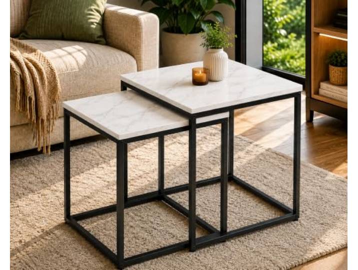Best For Home Quadratischer Couchtisch mit schwarzen Metallbeinen Kaffeetische in Marmoroptik 2-teiliges Set Wohnzimmertische – Nesting-Tische Couchtisch im Industrial-Stil