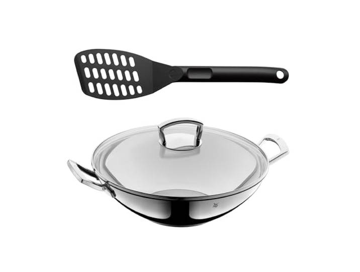 WMF Set 2-teilig Wok Induktion mit Glasdeckel 36 cm, Wokpfanne Induktion, Cromargan Edelstahl, spülmaschinengeeignet Pfannenwender Kunststoff 31 cm, Wender mit Ablage-Knick und Aussparungen
