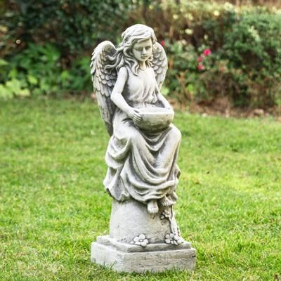 Glitzhome Vintage MgO Angel Distressed Garden Statue Sculpture with a Birdfeeder