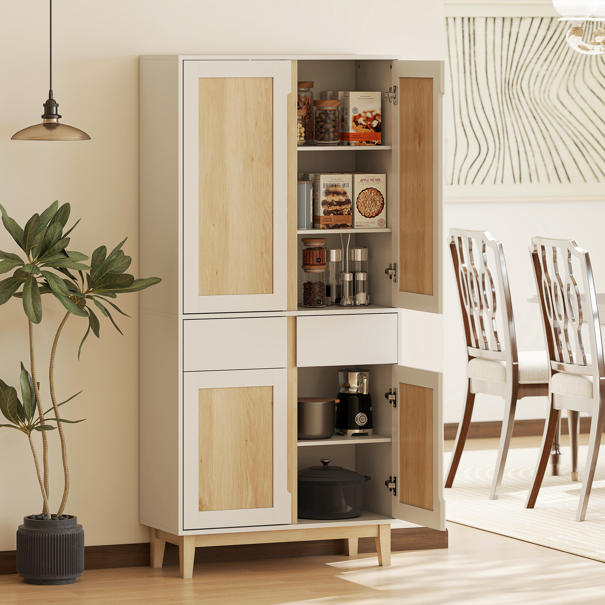 Homcom Credenza da cucina alta  con 4 ante, 2 cassetti e mensole regolabili, 80x35x170cm, Bianco e quercia   Aosom Italy