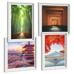 BILDER SET 4er Set - 50x50 cm & 40x60 cm Weißer Rahmen - Fuji-Torii-Bambuswald, Japan