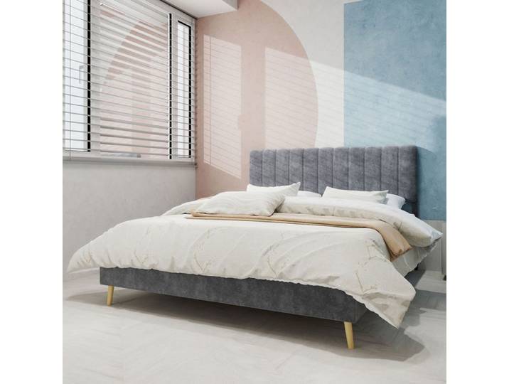 Lit rembourré - SOGEU - 160x200 - Velours gris - Tête de lit capitonnée - Sommier inclus
