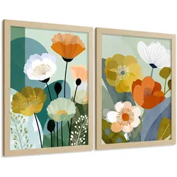 POSTER 2er-Set dekorative Badezimmerdrucke, moderne florale Wandposter für Waschbecken, abstrakte florale, nordischer Stil Leichter Holzrahmen A3