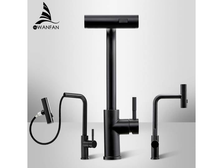 Robinet de cuisine extractible en acier inoxydable 304, Nickel noir, cascade, robinet d'évier d'eau mixte, rinçage multifonction rotatif 3668