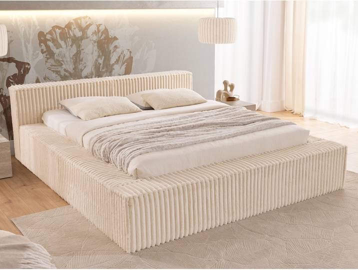 Noord - Modernes Polsterbett 160x200 aus Hellbeige Plüschcord mit Lattenrost und großem Bettkasten