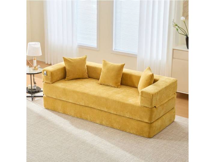 Canapé modulable convertible EVRYAE 2 places 198 cm poches latérales chenille jaune moutarde
