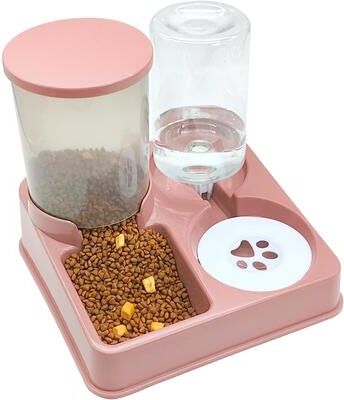 Perfect Picks Market Automatic Pet Feeder And Water Dispenser Set Tilted Gravity Feeder And Waterer For Cats And Small Pets pink