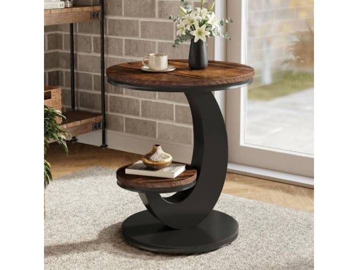 LITTLE TREE Beistelltisch Rund, 2-Tier Runder Couchtisch mit Ablage, Sofatisch, Industrie-Design Nachttisch für Wohnzimmer & Schlafzimmer, Braun