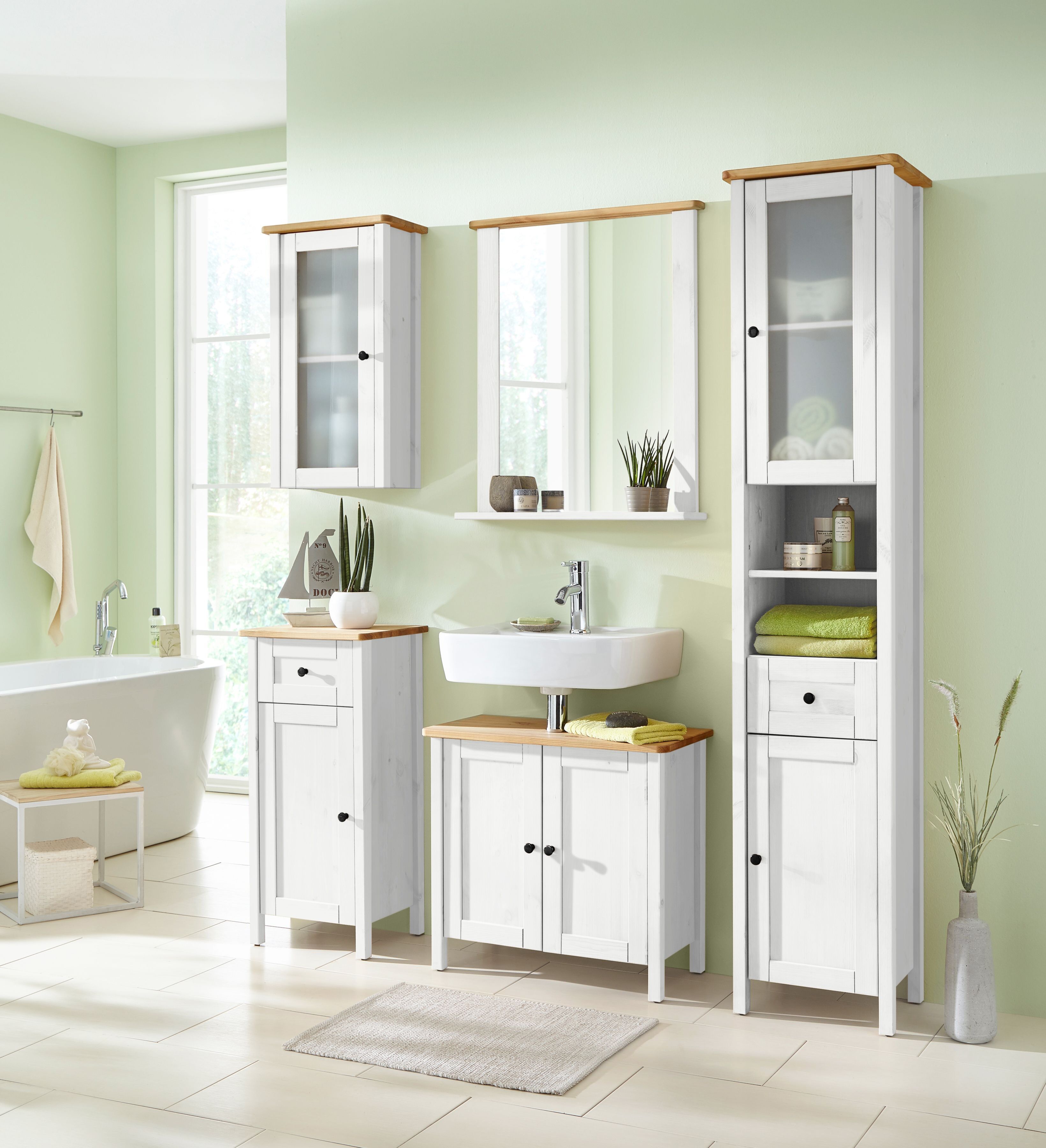 Waschbeckenunterschrank WELLTIME "Landhaus Sylt, Badschrank, Badmöbel, FSC-zertifiziert", weiss (weiß, honig), B:63,5cm H:60cm T:30,5cm, Massivholz, Schränke, Waschbeckenunterschrank, Badmöbel im Landhaus-Stil, Breite 64 cm, aus Massivholz weiß, honig gew
