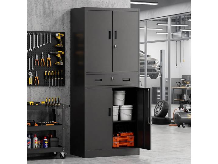 HOMCOM Armoire Métallique 180cm Noir Verrouillable Tiroir Étagères