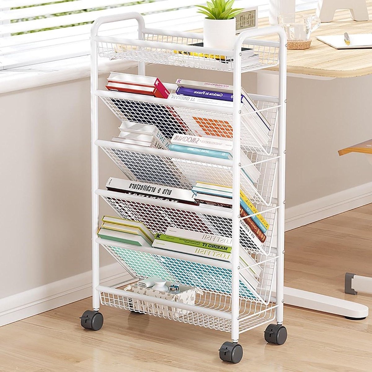 Mobiele Boekenplank Rolstoel Trolley met 6 Niveaus - Wit