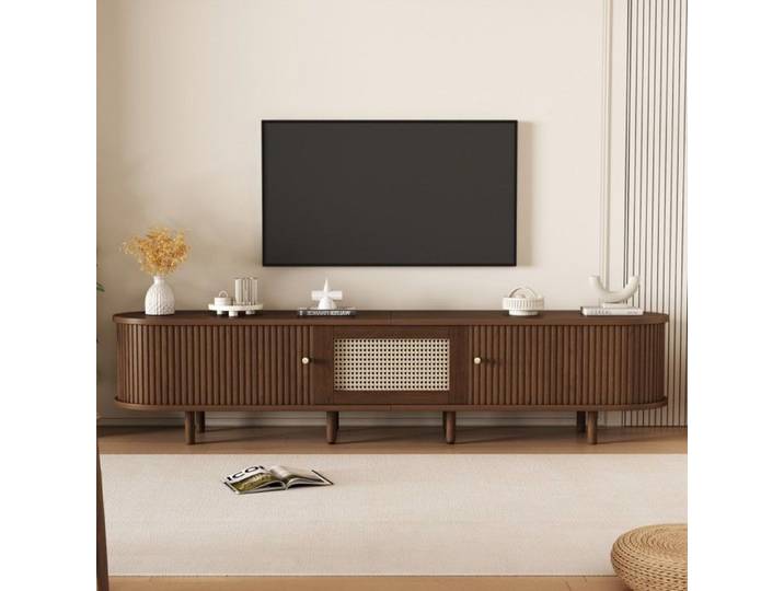 Meuble TV ovale 180cm noyer foncé design rotin structure MDF pieds réglables charge 30kg