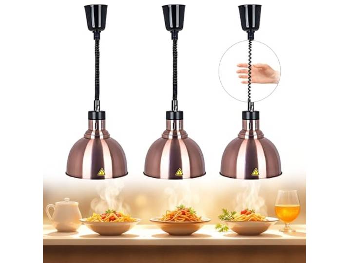 BOVDC Wärmelampe Küche Gastro, 250W Hängende(Kupfer-25cm,3 Stück) Speisenwärmer Lampe 19/25 cm, Einstellbare Höhe Lebensmittel Wärmelampe Küche für Essen Buffets Esszimmer und Hotels