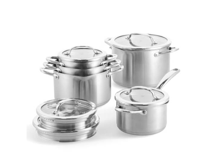 BK Twist Topfset 5-teilig aus Edelstahl mit Deckeln – Stieltopf & 4 Kochtöpfe, stapelbar, integriertes Abgießsystem, spülmaschinengeeignet, induktionsgeeignet, backofenfest