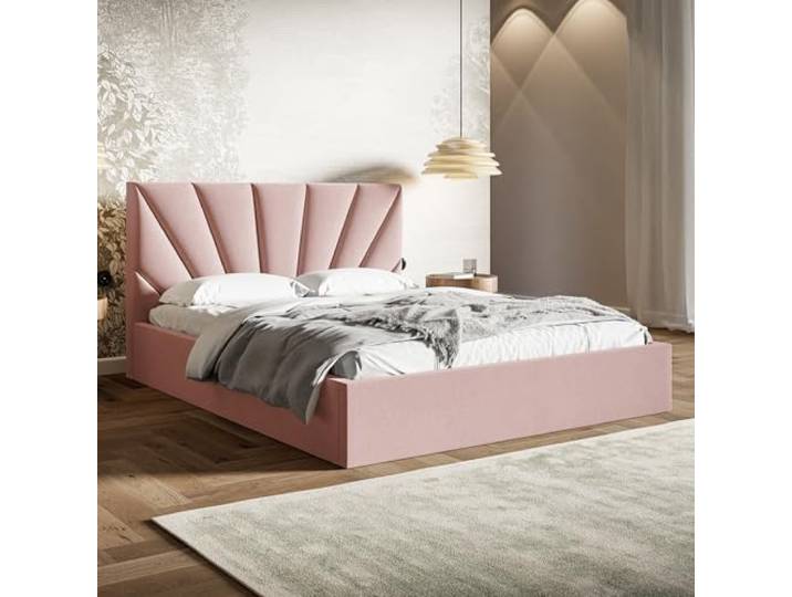 MOTIVENA INES Bett 120x200 Rosa Samt, mit Stauraum, mit Kopfteil, mit Lattenrost, ohne Füße, ohne Matratze, Polsterbett 120x200 mit Bettkasten Rosa