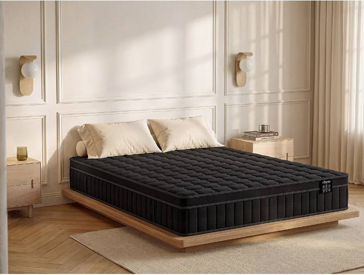 Matratze 180 x 200 cm Hybrid-Standardmatratze mit Taschenfederkern, 7 Zonen, Memoryschaum und Schwarz Drillich, Stärke 25 cm - von YSMÉE TOLCA