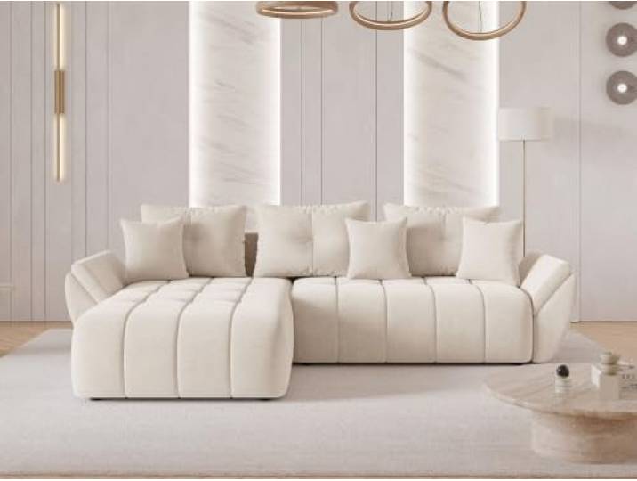 GRAINGOLD Decor L Ecksofa modern mit Bettfunktion, 279x189 cm, L-Form Sofa, Schlafcouch für Wohnzimmer, Veloursstoff, 3-Sitzer Eckcouch, Ecksofa mit Bettkasten (Beige)