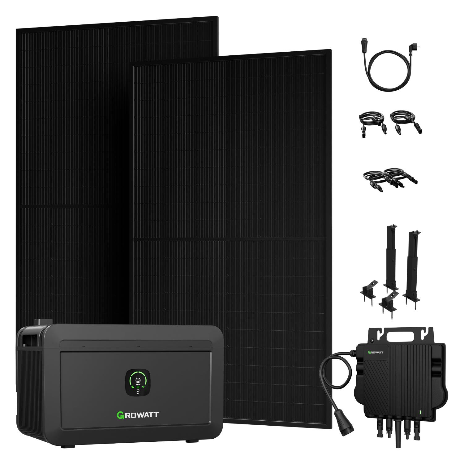 Powerness Balkonkraftwerk mit Speicher 2048Wh Growatt NOAH 2000 mit SUNPRO 1000W Full Black Bifaziale Solarmodule und 2x Fassaden/Flachdach Halterung