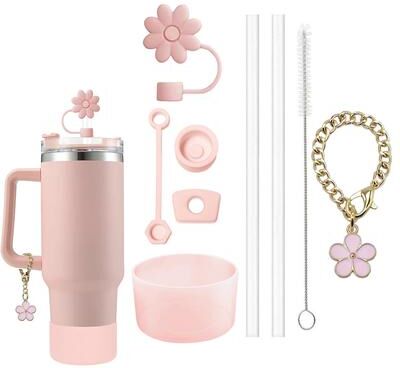 Friendly Fresh Finds Stanley Cup Accessories Set Spill Proof Stoppers, Straws, Brushes & Flower Charm For Customization pink