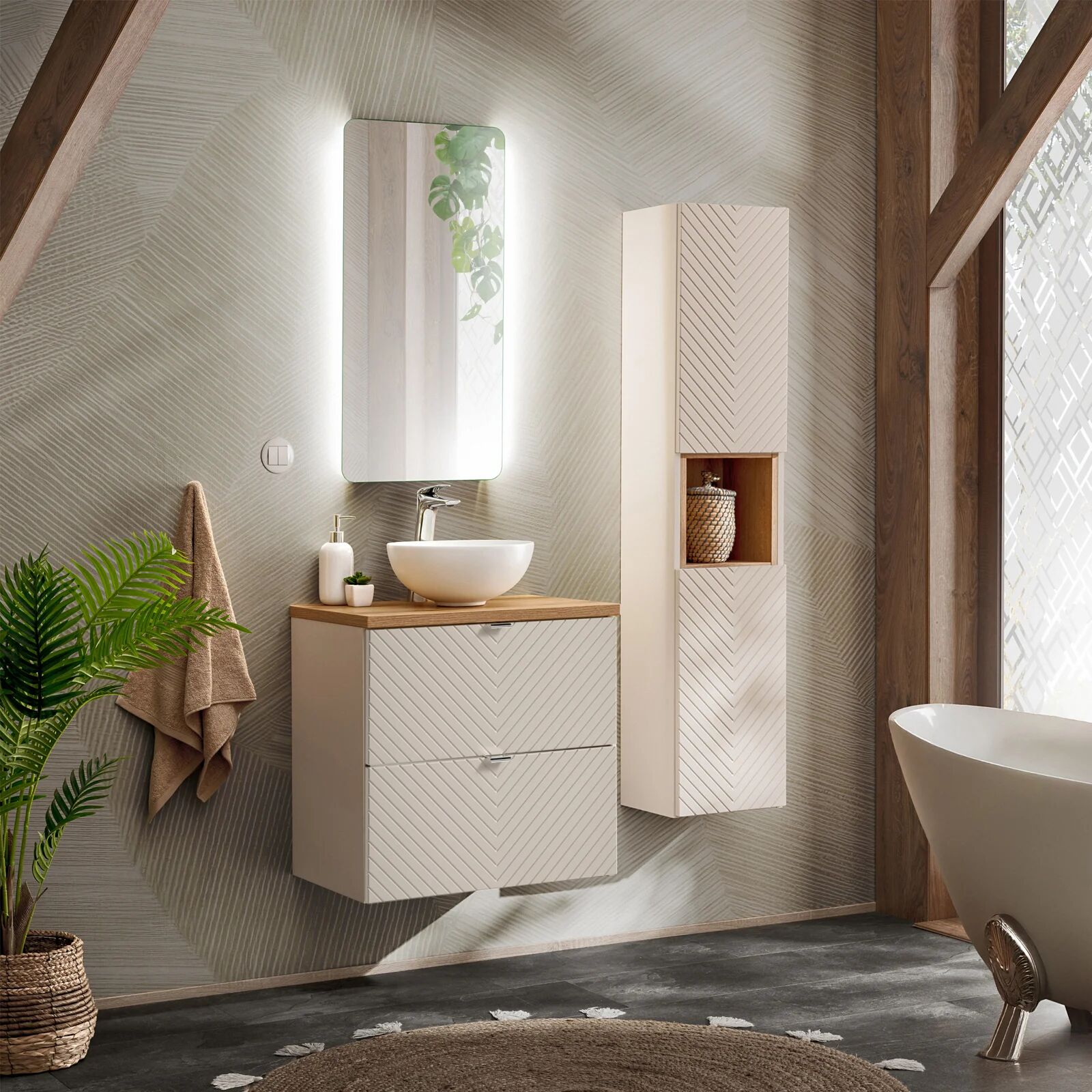 garneroarredamenti Mobile bagno sospeso 60cm con colonna beige cashmere Neutry