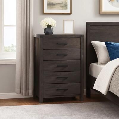 Benjara Wooden Chest with Metal Bar Handles and Five Drawers, Dark Brown