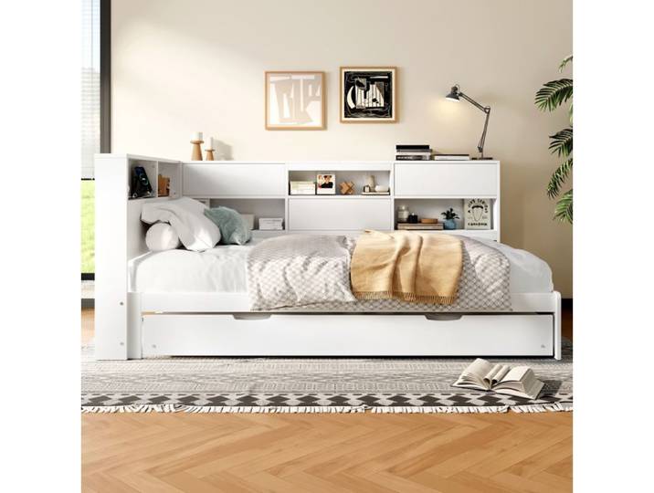 ROVRYN Lit banquette 90 x 200 cm avec lit gigogne 90 x 190 cm rangement tête de lit USB et USB-C blanc