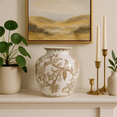 Sagebrook Home "Decorative Ceramic Chinoiserie Flower Vase - White & Brown, 10"""