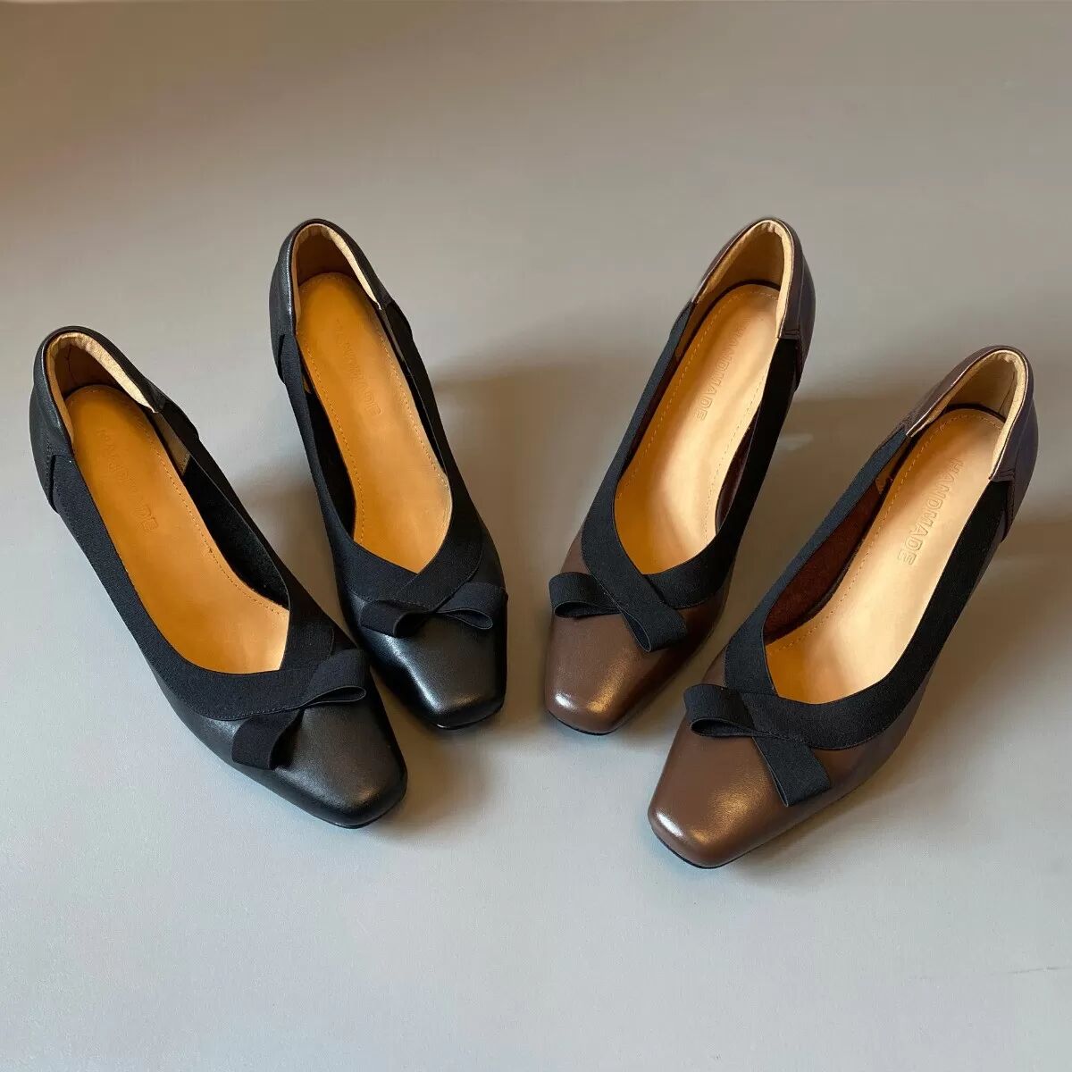 INF Retro-Stil 8cm High Heel Schuhe - Bowknot Square Toe Weiche Lederpumps Braun 38