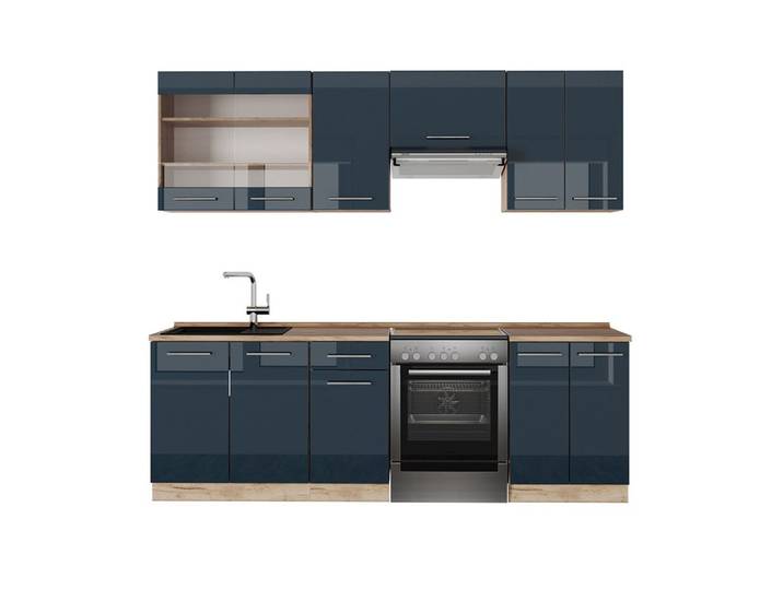 Vicco Küchenzeile Fame-Line, Dunkelblau Hochglanz/Goldkraft Eiche, 240 cm ohne Arbeit...