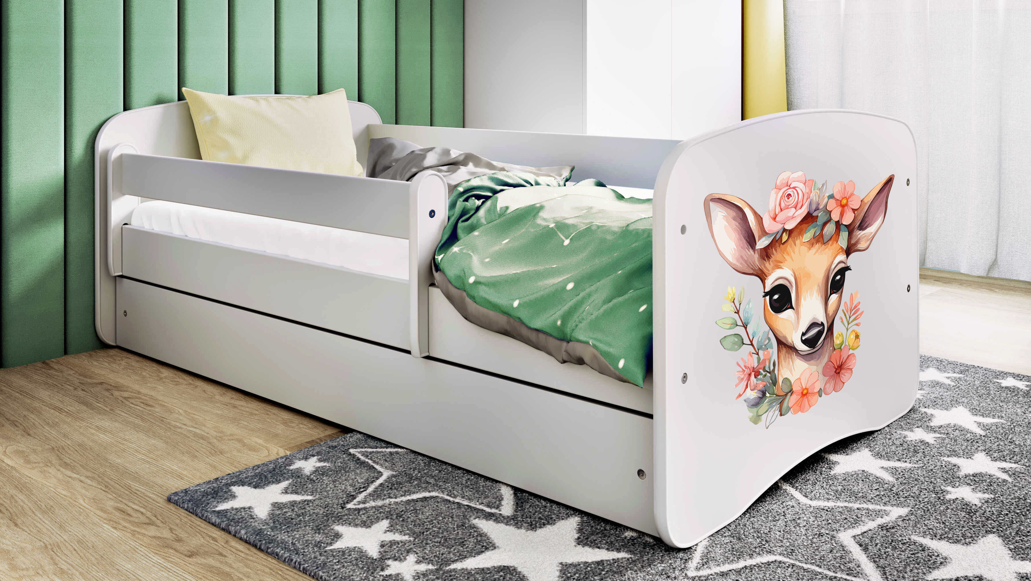 Kinderbett Jugendbett Bambi 70x140, 80x160, 80x180 cm - Komplettset mit Schublade & Rausfallschutz
