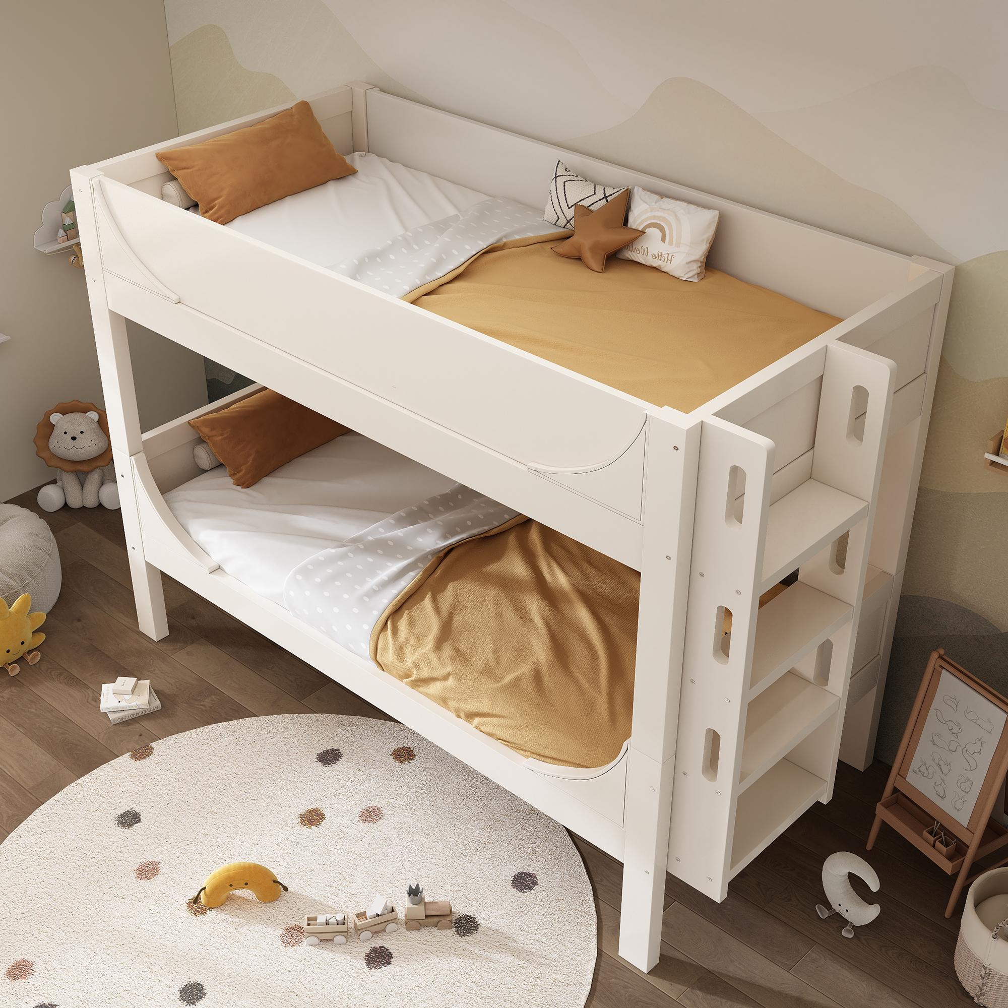 MODFU Trennbares Etagenbett ohne Matratze 90x200 Stockbett mit Schlittenform-Design,Kinderbett mit Flexibel am Kopf-/Fußende montierbarer Leiter,Weiß