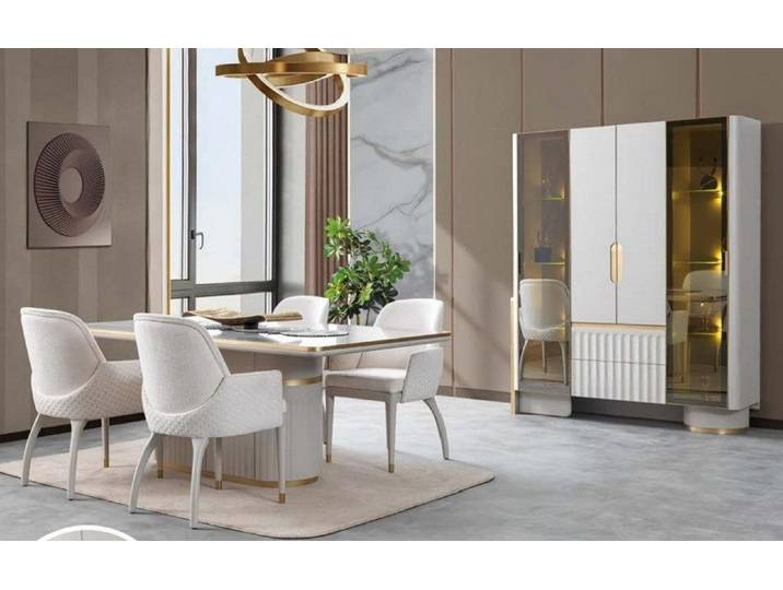 JVmoebel Esszimmer-Set Esstisch 4x Stühle Vitrine Mit Beleuchtung Edelstahl Esszimmer, (Esstisch + 4x Stühle +Vitrine)