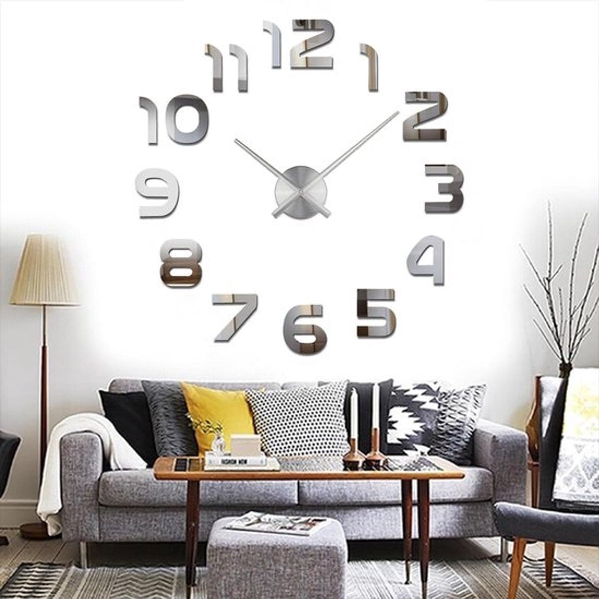 SnelShoppen Modern DIY Wandklok 3D Sticker, Geluidsloos, Zilver, Grote Versie