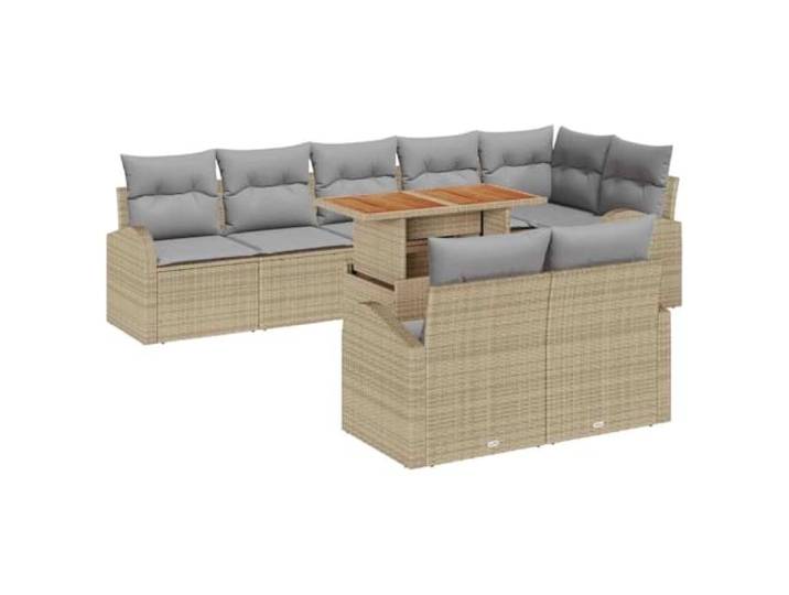ZQQLVOO Garten-Sofa-Set 9 STK. Beige und Hellgrau Poly-Rattan, pulverbeschichteter Stahl, Akazienholz-Tischplatte, UV-beständig, abnehmbare Kissen