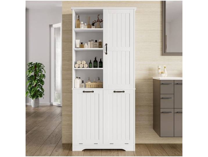MEUBLIV Armoire colonne de salle de bain 78 x 35 x 172 7 cm MDF blanc 2 paniers à linge