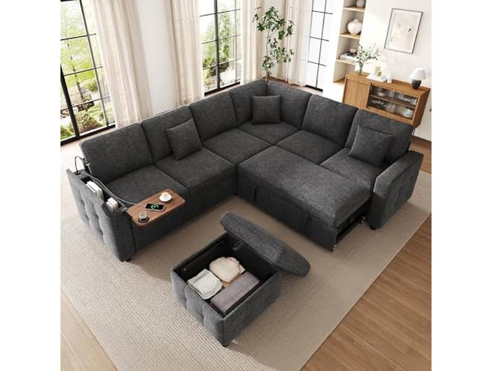 BTM Eckcouch L-Form mit Stauraum, Ausziehbare Schlafsofa, LED‑Leselampe, Klapptisch XXL Modulares Sofa Wohnlandschaft Grau