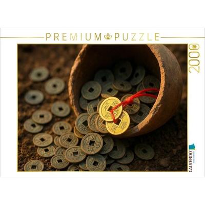 CALVENDO Puzzle Münzen am roten Band - Wohlstand und stetiger Geldfluss | 2000 Teile Lege-Größe 90x67cm Foto-Puzzle für glückliche Stunden