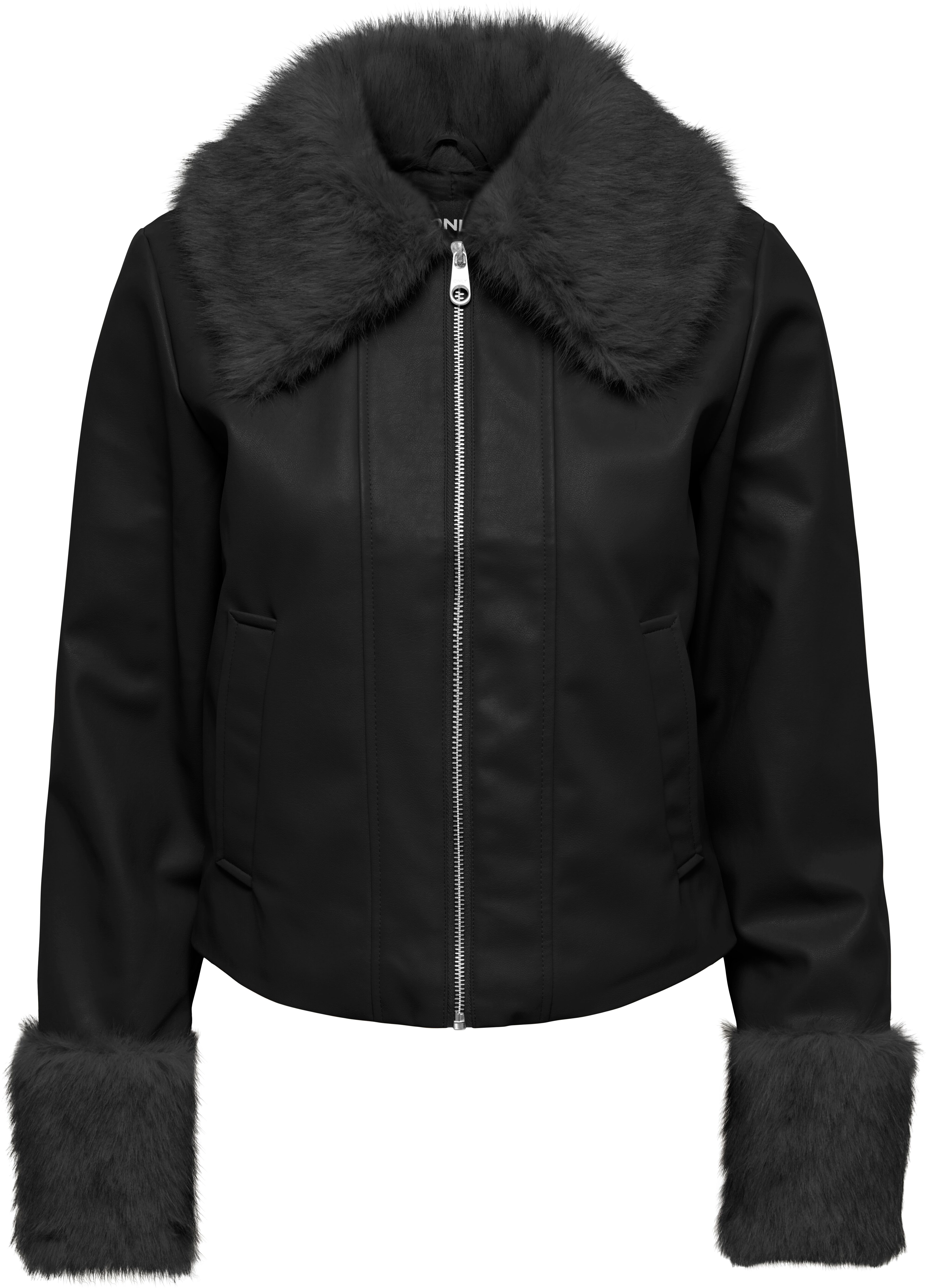 Lederimitatjacke ONLY "ONLBAZ FAUX LEATHER FUR JACKET CC OTW", Damen, Gr. XL, schwarz, Web, Obermaterial: 100% Polyester, unifarben, normal, Jacken Lederimitatjacke, Lederimitat