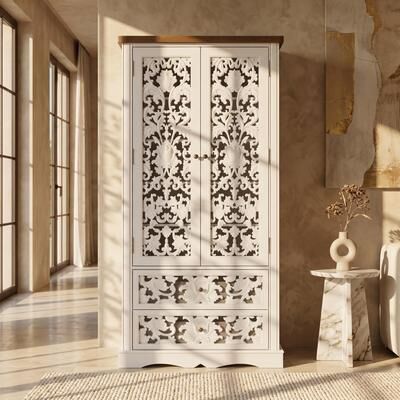 FUFU&GAGA Vintage Carved White Storage Cabinet Accent Cabinet Bookshelves Curio Cabinet