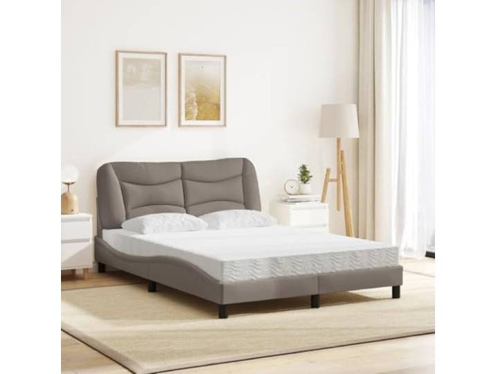 KTHLBRH Bett mit Matratze Hvar Taupe 140 x 190 cm aus Stoff Lattenrost aus Sperrholz, gepolstertes Kopfteil, 22D PU-Schaumstoff, Härtegrad H2 und H3