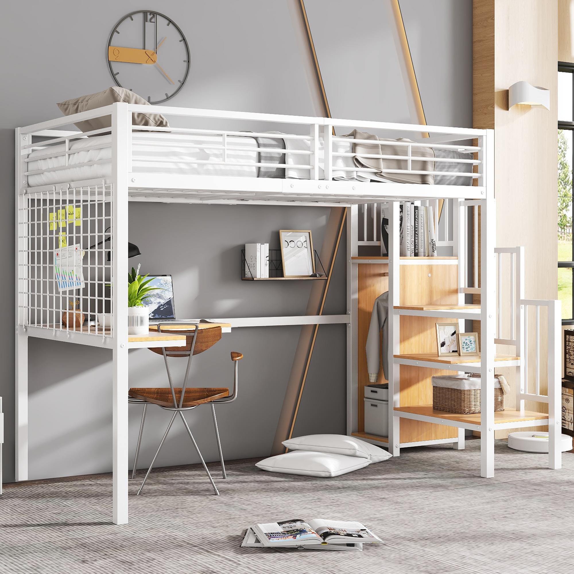 Etagenbett/Zwischengeschoss aus Eisen 90x200cm (Eisen + weiße Spanplatte + Naturfinish): Kind/Jugendlicher, Tisch + Kleiderschrank, seitliche Leiter (Handlauf)