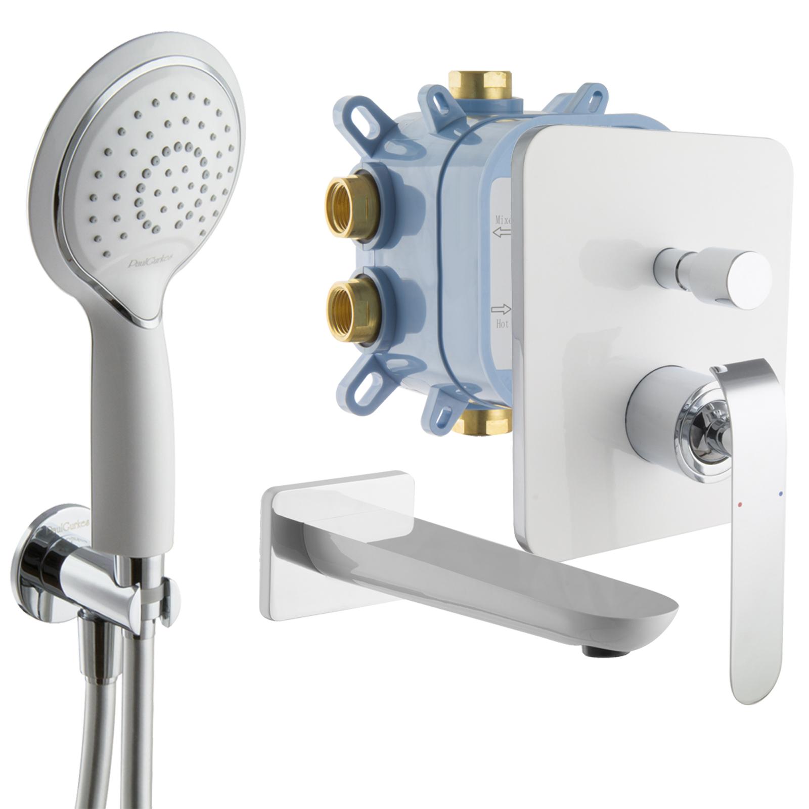 PaulGurkes Wannenset Unterputzarmatur weiß chrom Handbrause Schlauch Einlauf
