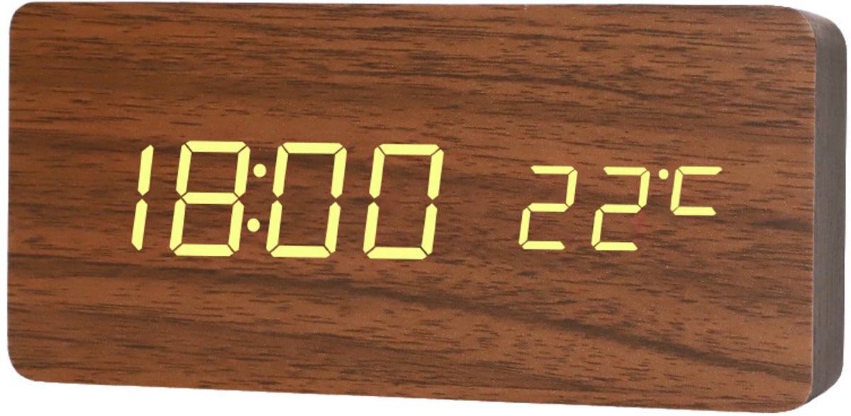Houten Digitale Wekker - Multifunctionele Slimme LED-Wekker met Temperatuurweergave en USB-aansluiting - Bruin