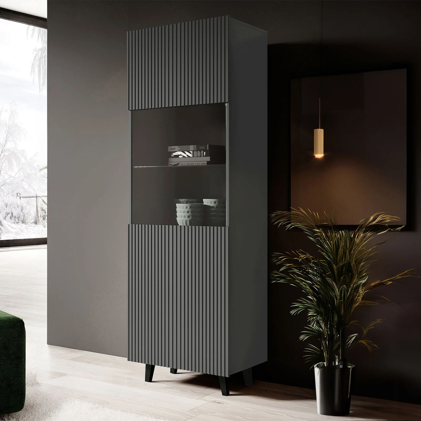 garneroarredamenti Vetrinetta 60x183h cm 1 anta moderna cannettato antracite Essence