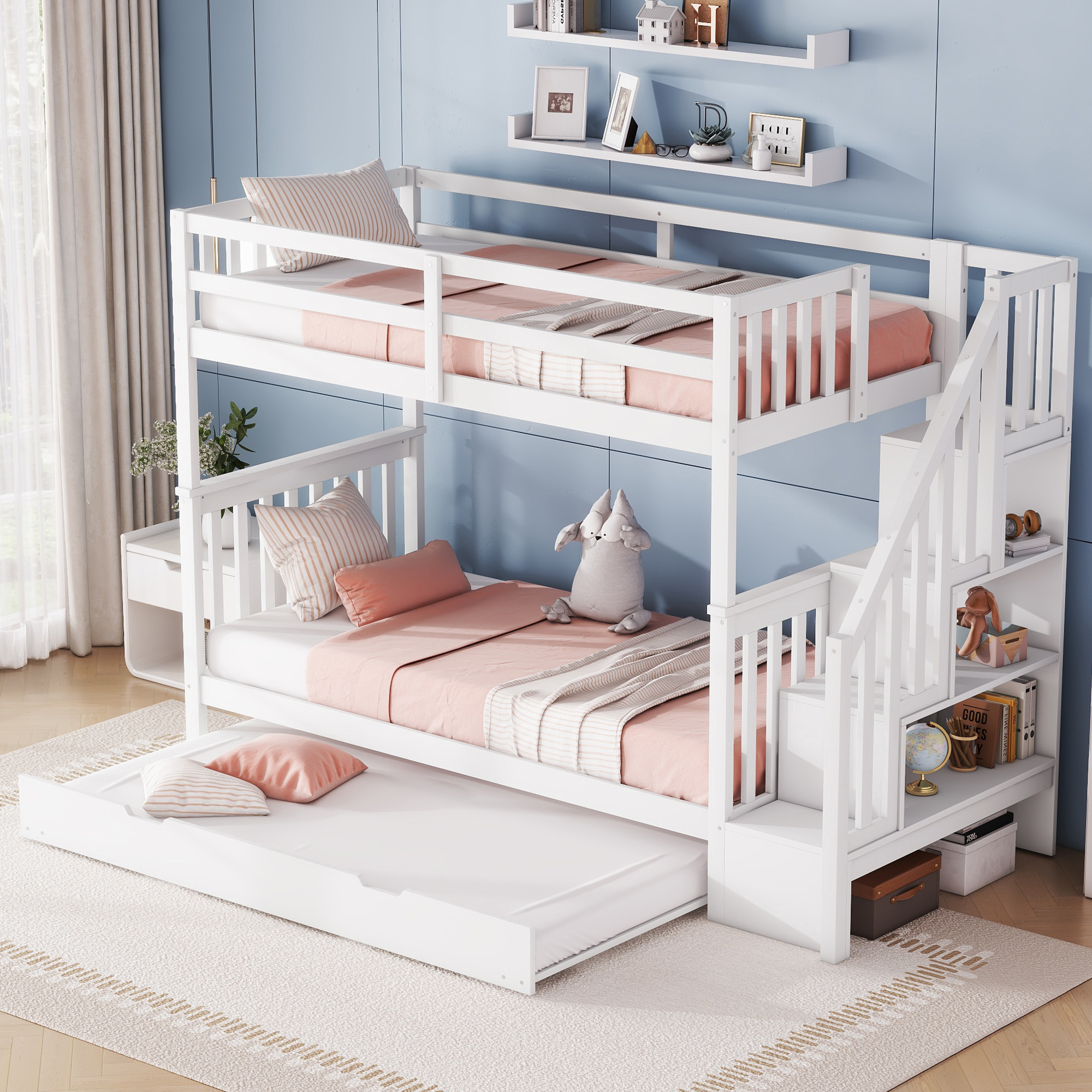 STILVORA Etagenbett Hochbett 90x200 Stockbett Jugendbett mit Rausfallschutz, ausziehbares Bett 90x190 mit Lattenrost,Weiß(Ohne Matratze)