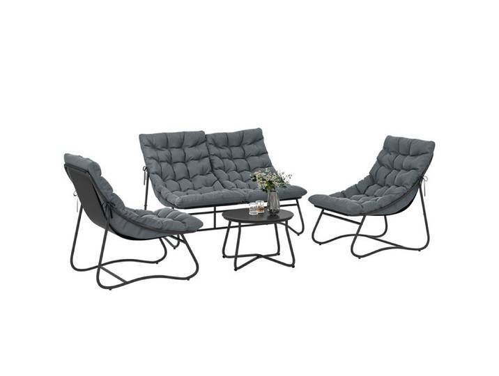 Salon de jardin – Cadre acier et coussins épais – Pour terrasse et balcon – Gris foncé