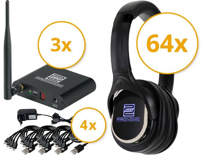 Pronomic SCPS-643 USB-C Silent Disco V2 Party Set, 64 Kopfhörer Funk-Kopfhörer (3-Kanal-Empfang, UHF-Technik, 3 Kanäle)