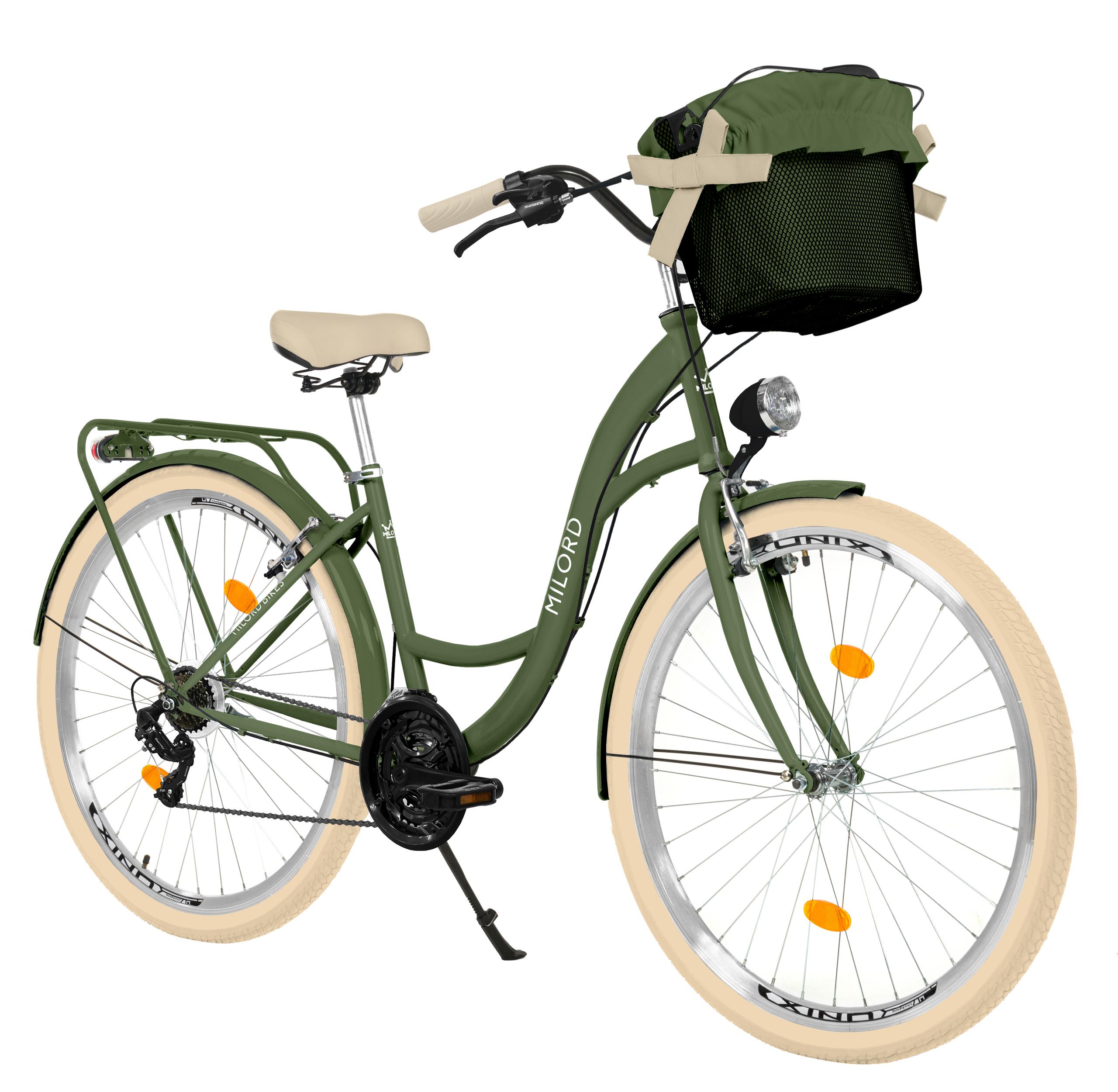 MILORD Damenfahrrad Citybike Komfort Mit Metallkorb Hollandrad Fahrrad, 26 Zoll, 21-Gang, Khaki-Creme