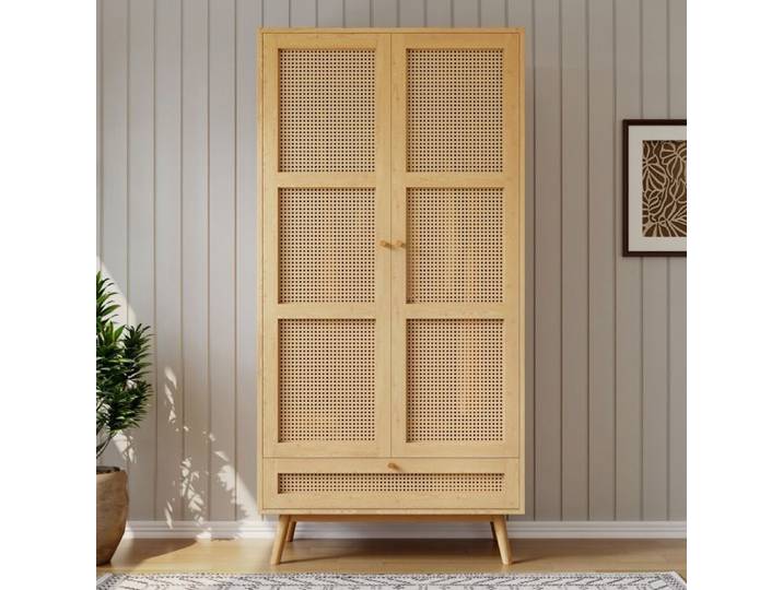 Armoire penderie - 90x45x183 cm - 2 portes cannage rotin PE et coffre rabattable bas - Bohème chic - Bois naturel