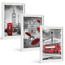 BILDER SET 3er Set - 40x60 cm Weißer Rahmen - Roter Regenschirmstand und Londoner Bus